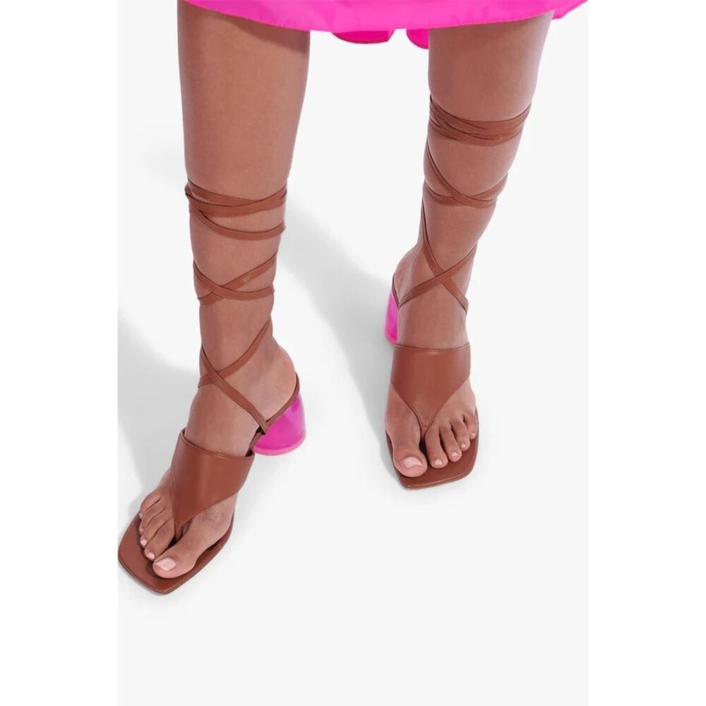 🆕STAUD Adora Lace Up Lucite Block Heel Sandal Shoes 7 Tan Pink